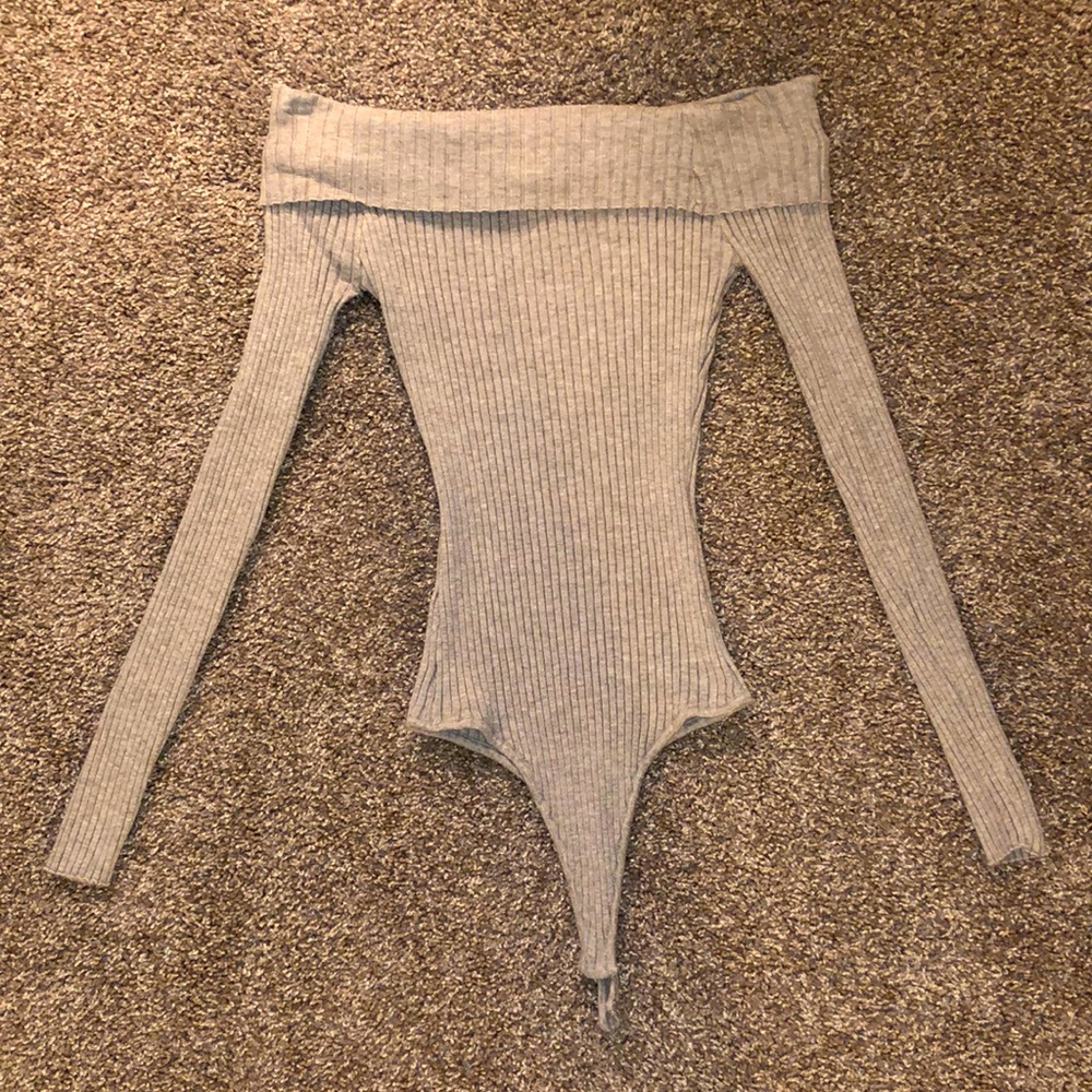 Naked Wardrobe Gray Ribbed Off-the-shoulder Onesie Size Large